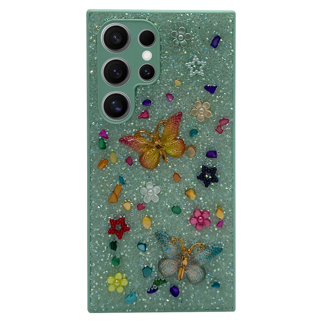 Samsung Galaxy S23 Ultra Butterfly and Diamond Bling Case Green